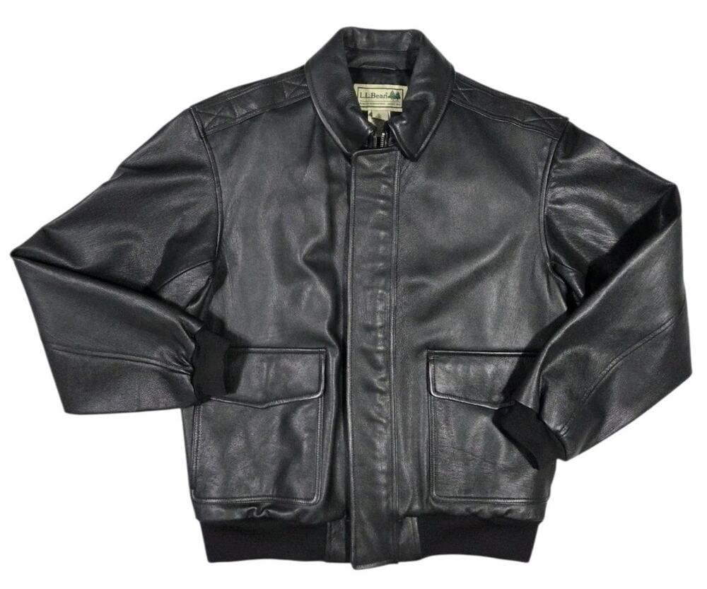 Vtg LL Bean Goatskin Leather Jacket A-2 Bomber Style Black Regular XL Zip Snap